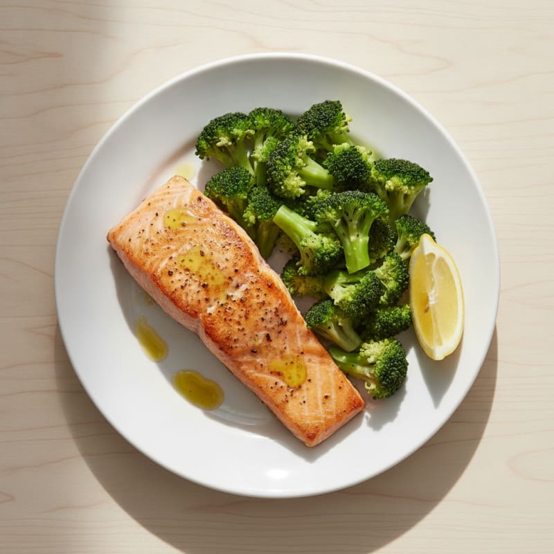 Seared Salmon with Steamed Broccoli and Lemon