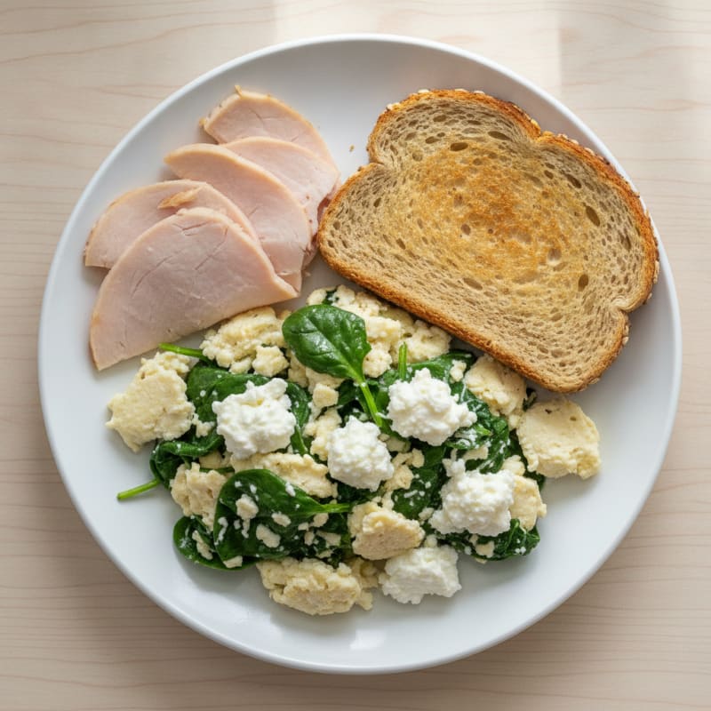 Egg White Spinach Scramble with Cottage Cheese and Sliced Turkey