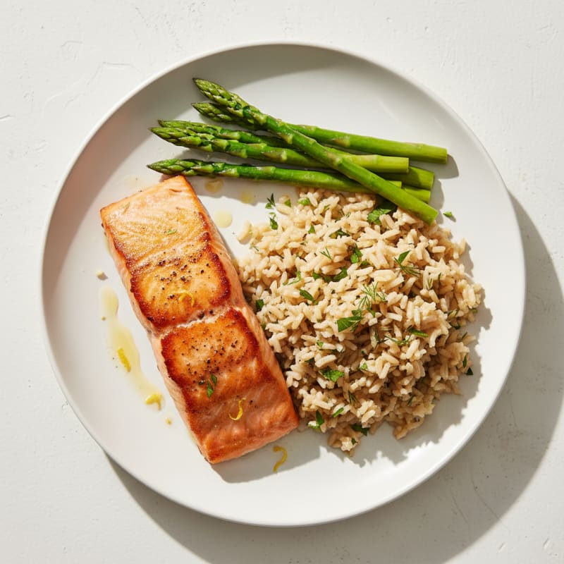 Seared Salmon Filet with Steamed Asparagus and Herbed Brown Rice
