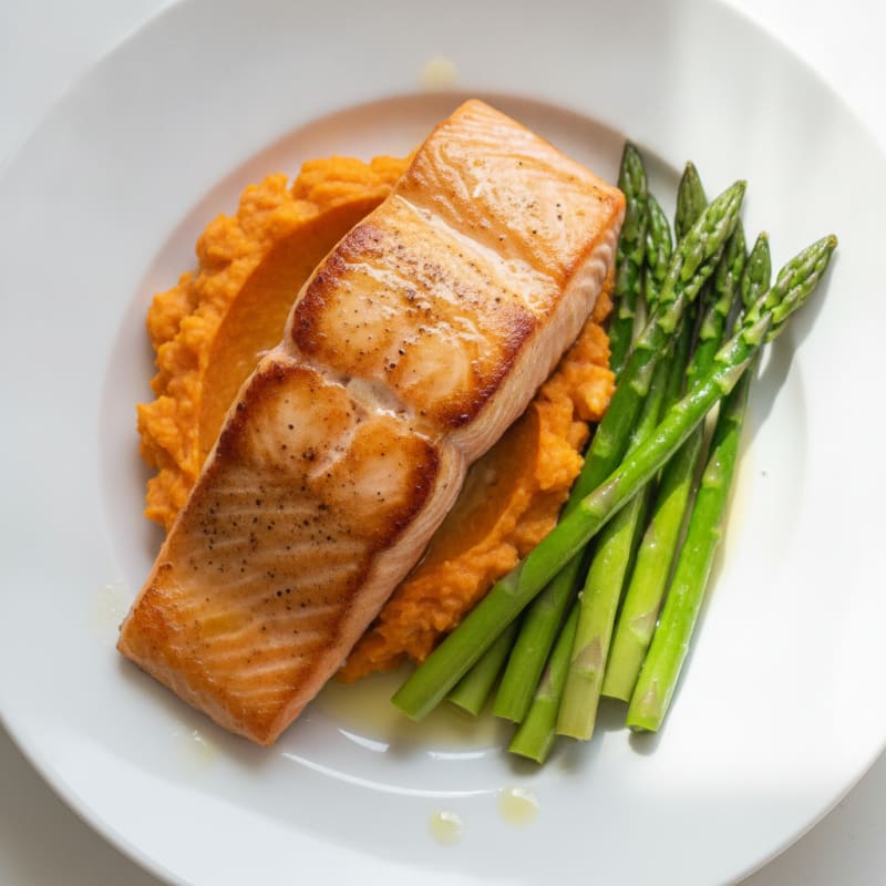 Seared Salmon Fillet with Steamed Asparagus and Sweet Potato Mash