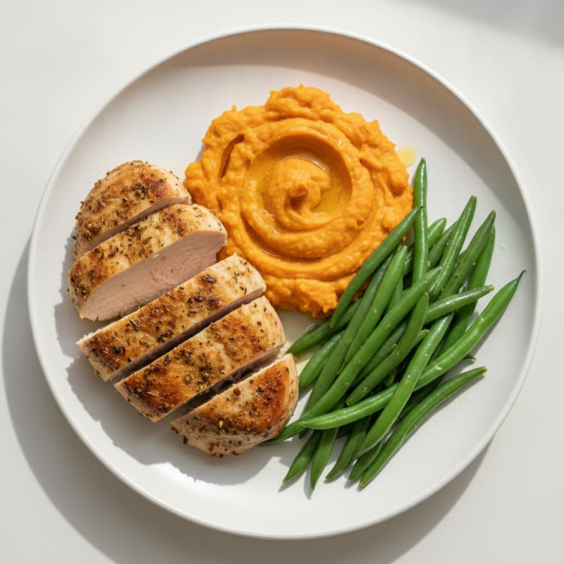 Seared Turkey Breast with Steamed Green Beans and Sweet Potato Mash