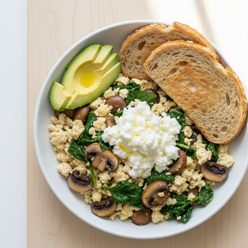 Mushroom Spinach Egg White Scramble with Cottage Cheese