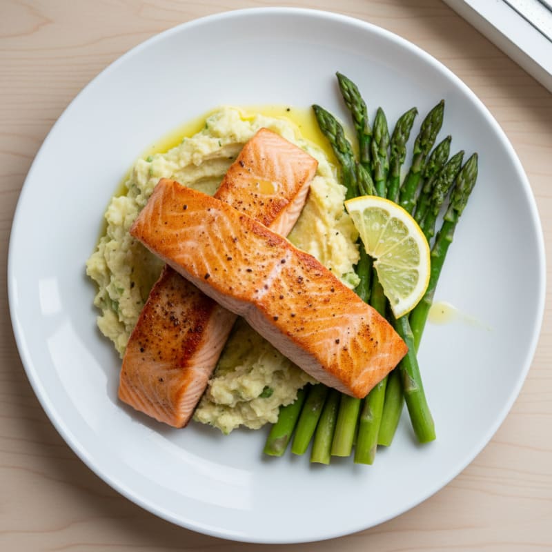 Seared Salmon with Steamed Asparagus and Cauliflower Mash