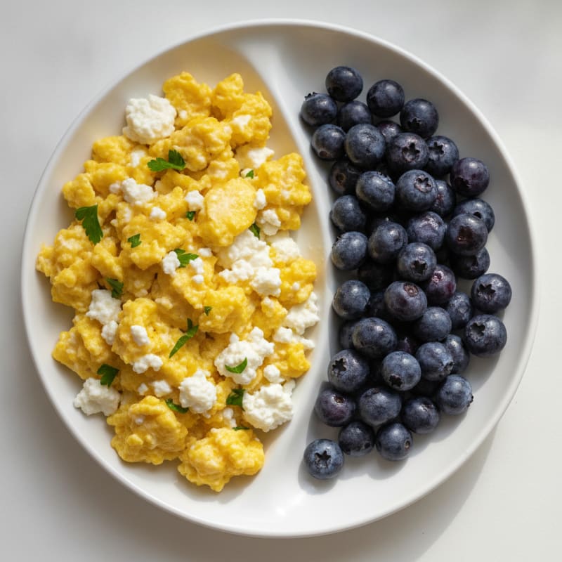 Scrambled Eggs with Cottage Cheese and Blueberries