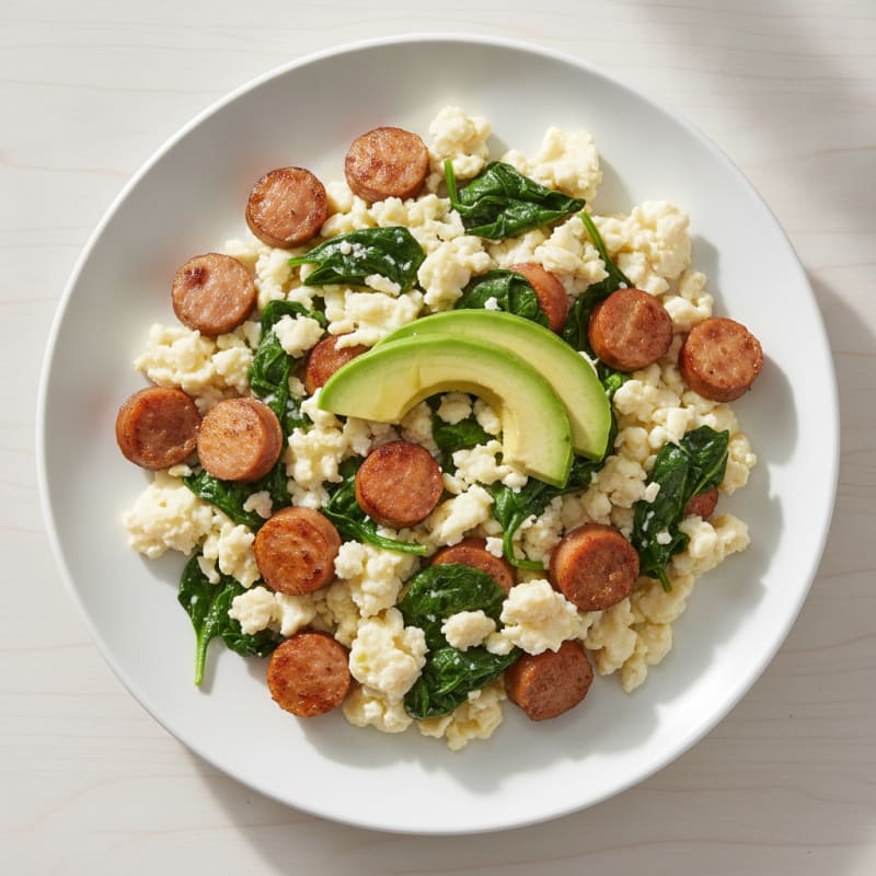 Egg White Scramble with Turkey Sausage and Sautéed Spinach