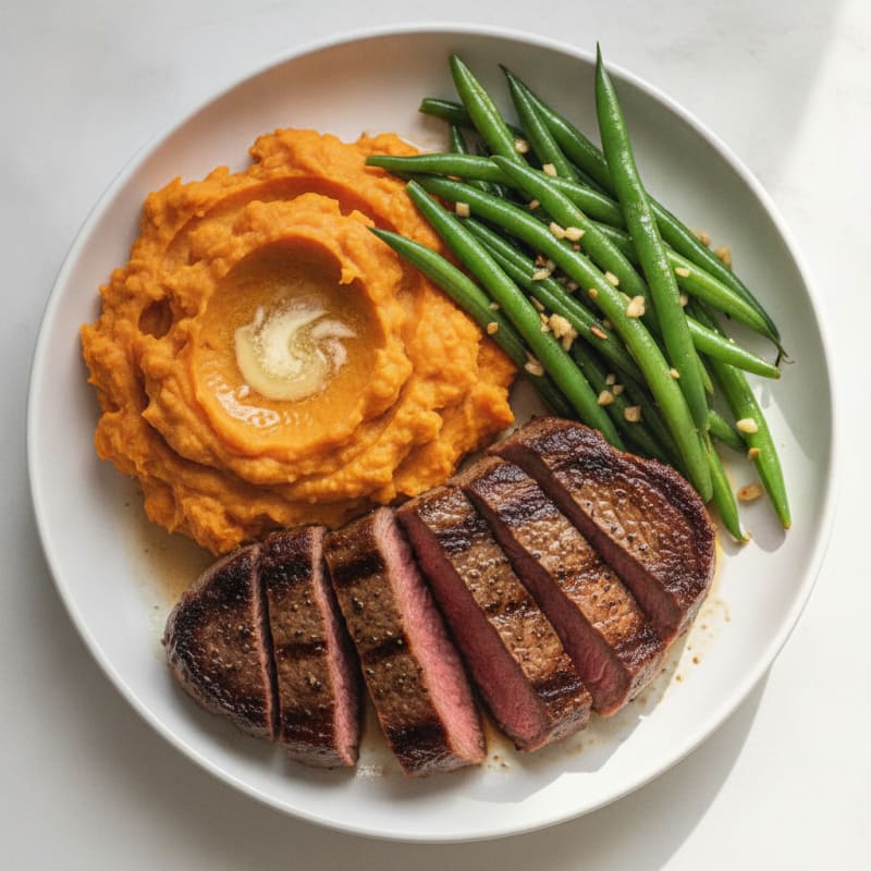 Seared Steak with Garlic Green Beans and Sweet Potato Mash