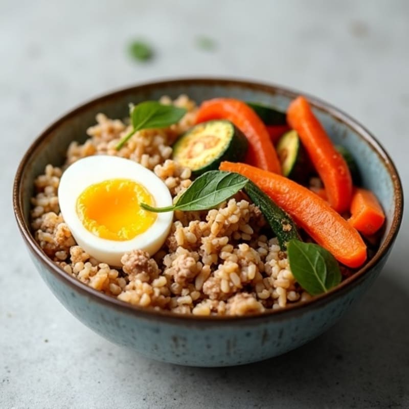 Ground Turkey and Roasted Vegetable Bowl with Brown Rice