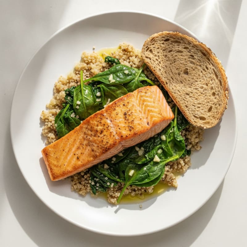 Seared Salmon Fillet with Garlic Sautéed Spinach and Quinoa