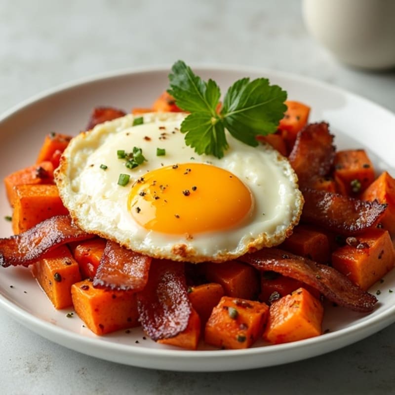 Crispy Bacon and Roasted Sweet Potato Hash with Baked Eggs