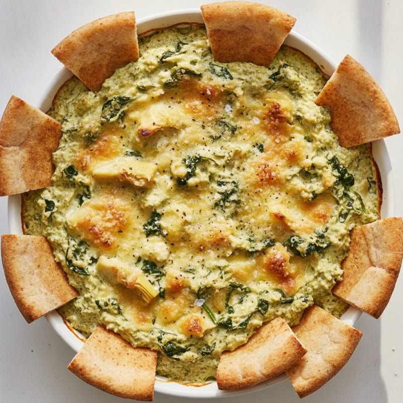 Baked Spinach Artichoke Dip with Toasted Pita