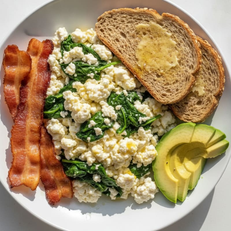 Cottage Cheese Scramble with Spinach and Turkey Bacon