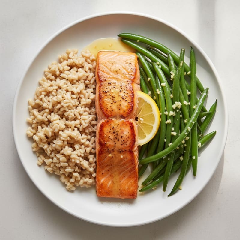 Seared Salmon with Garlic Green Beans and Brown Rice