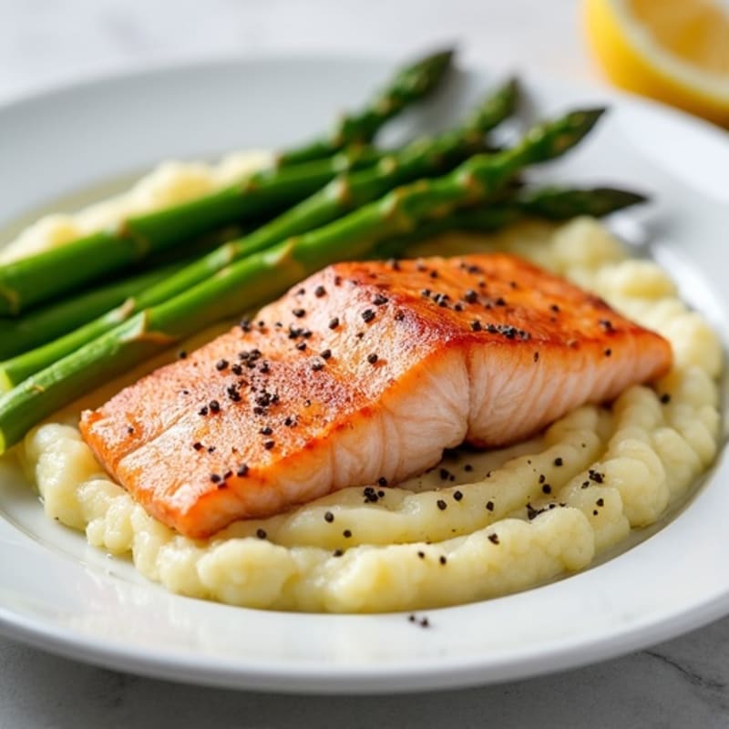 Seared Salmon with Steamed Asparagus and Cauliflower Mash