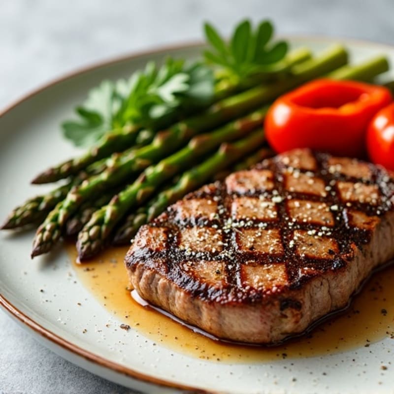 Pan-Seared Sirloin Steak with Roasted Asparagus and Bell Peppers