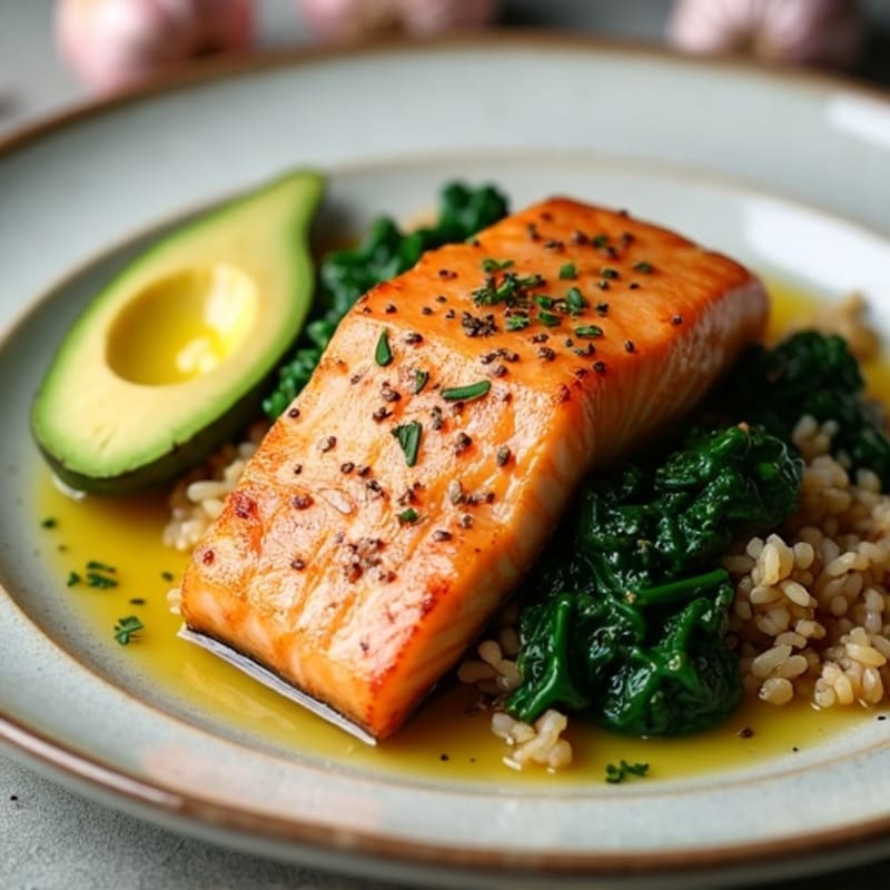 Seared Salmon with Garlic Spinach and Brown Rice