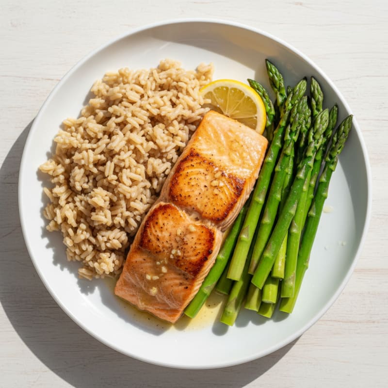 Seared Salmon with Steamed Asparagus and Brown Rice
