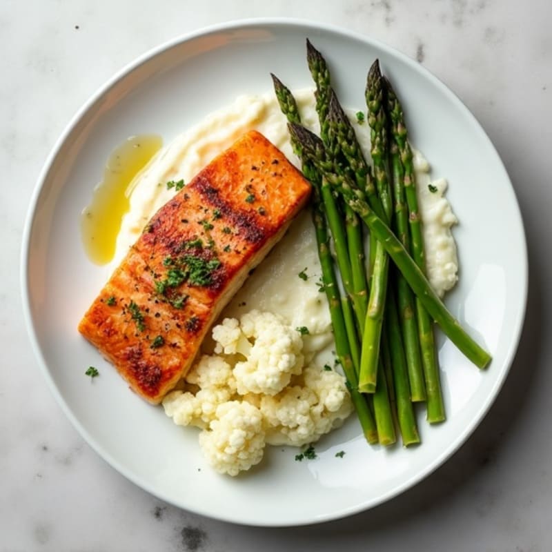 Seared Salmon with Steamed Asparagus and Cauliflower Mash