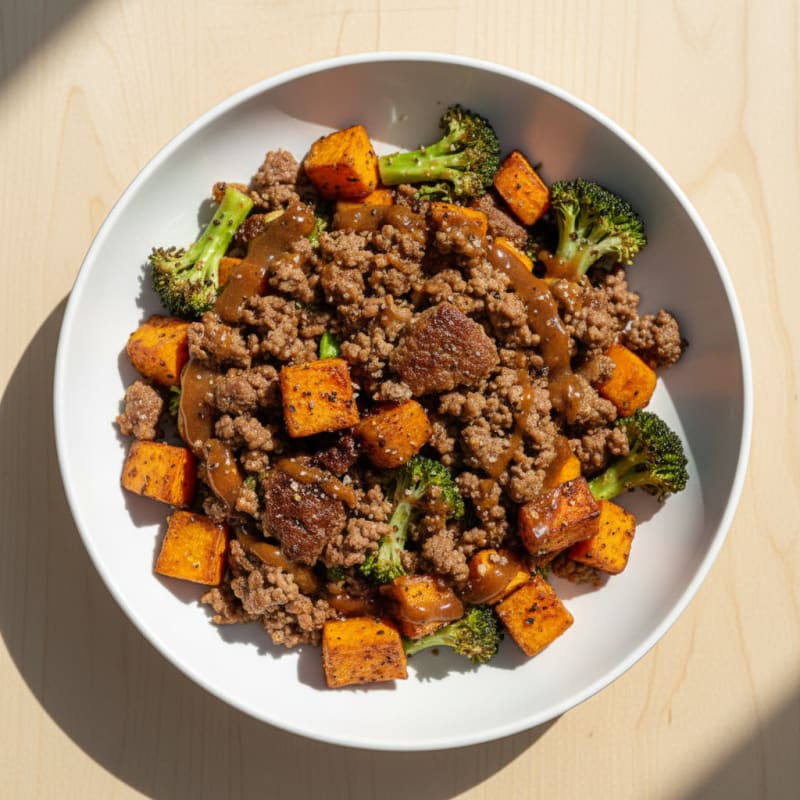 Ground Beef and Roasted Sweet Potato Power Bowl