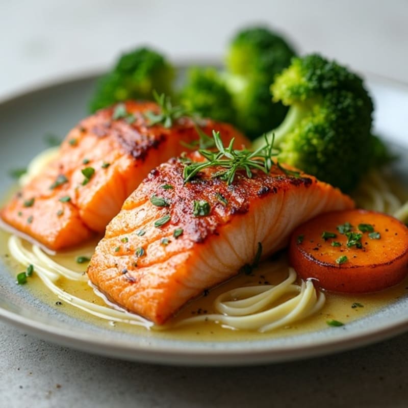 Seared Salmon with Roasted Sweet Potato and Steamed Broccoli