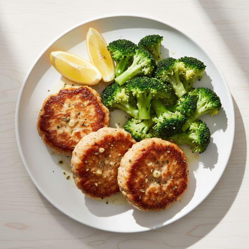 Seared Turkey Patties with Steamed Broccoli and Lemon