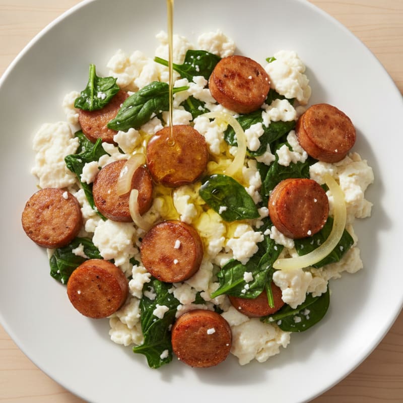 Egg White Scramble with Chicken Sausage and Sautéed Spinach