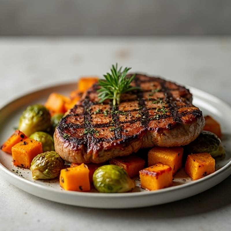 Tender Pan-Seared Steak with Crispy Roasted Brussels Sprouts and Sweet Potatoes