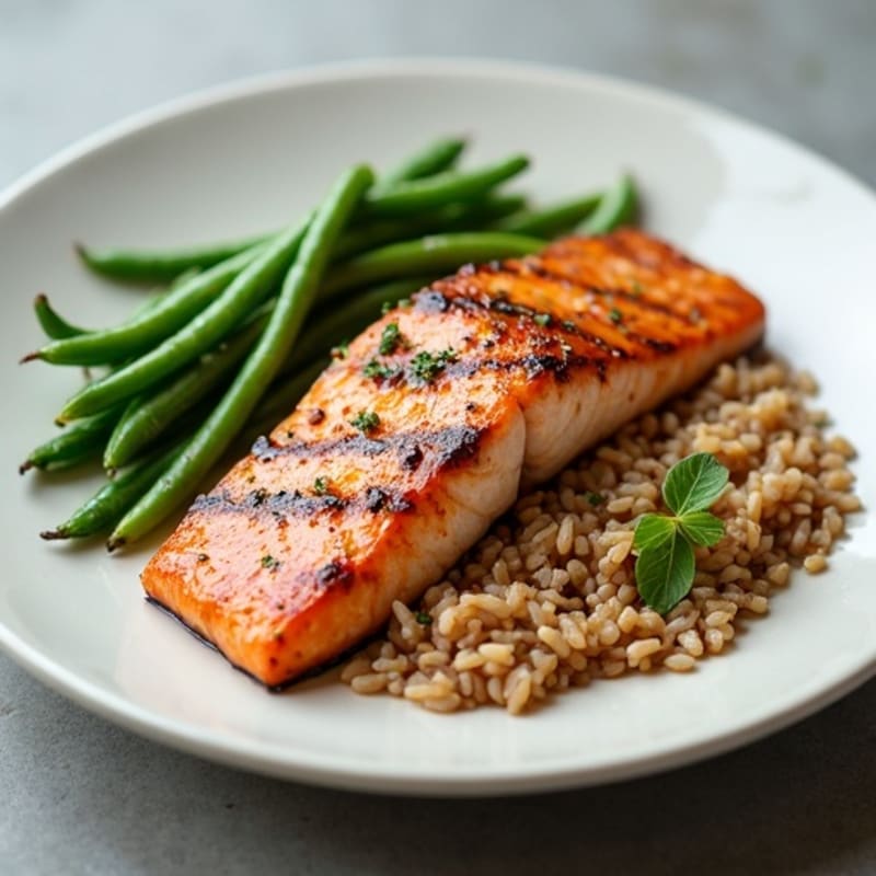 Seared Salmon with Steamed Green Beans and Brown Rice