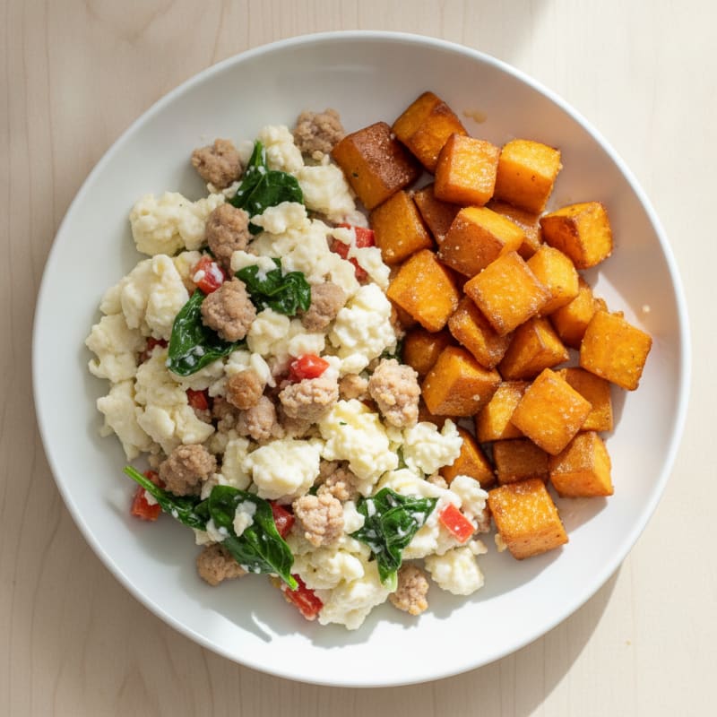 Egg White and Turkey Sausage Scramble with Roasted Sweet Potatoes