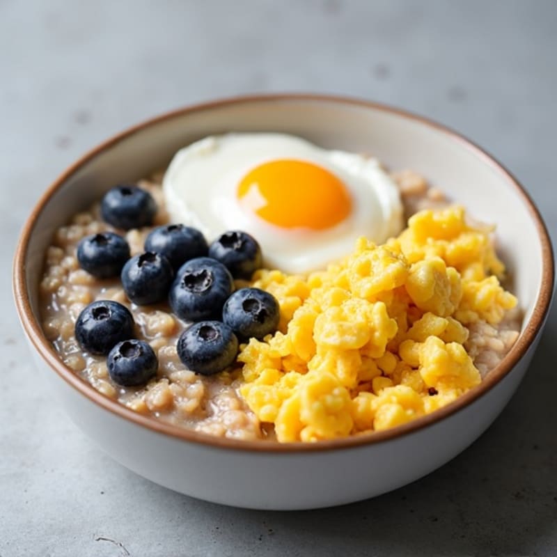 Creamy Blueberry Oatmeal with Fluffy Scrambled Eggs