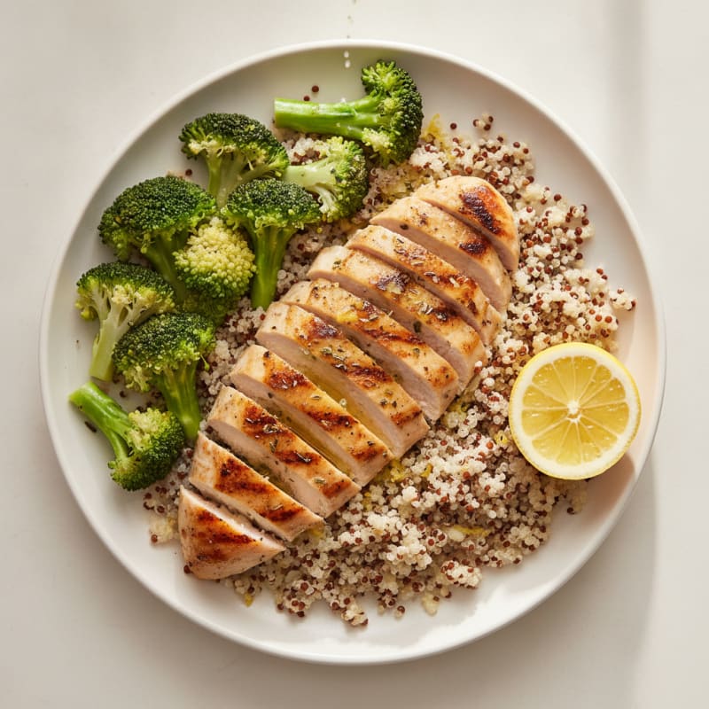 Grilled Chicken Breast with Steamed Broccoli and Quinoa