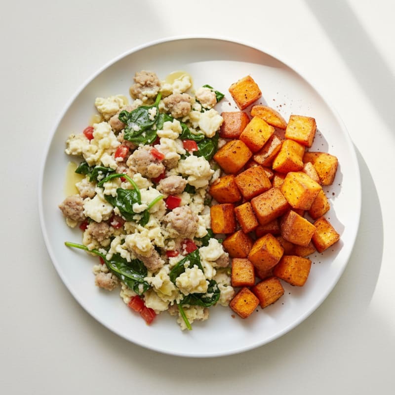 Egg White and Turkey Sausage Scramble with Roasted Sweet Potatoes