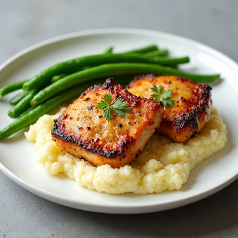 Seared Chicken Thighs with Garlic Green Beans and Cauliflower Mash