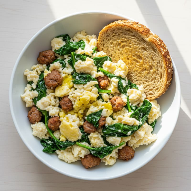 Scrambled Egg Whites with Sautéed Spinach and Turkey Sausage