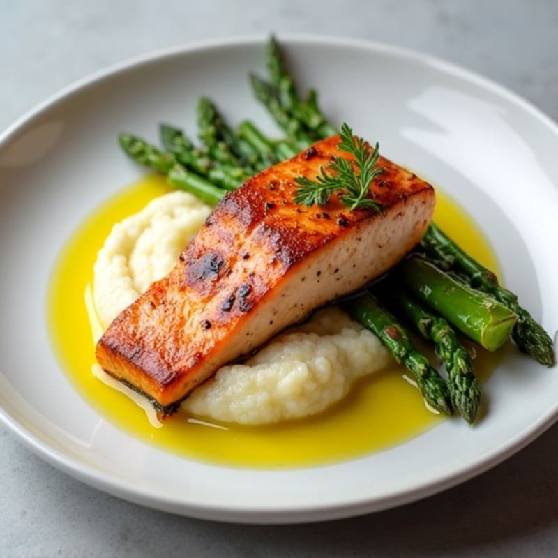 Seared Salmon with Roasted Asparagus and Cauliflower Mash
