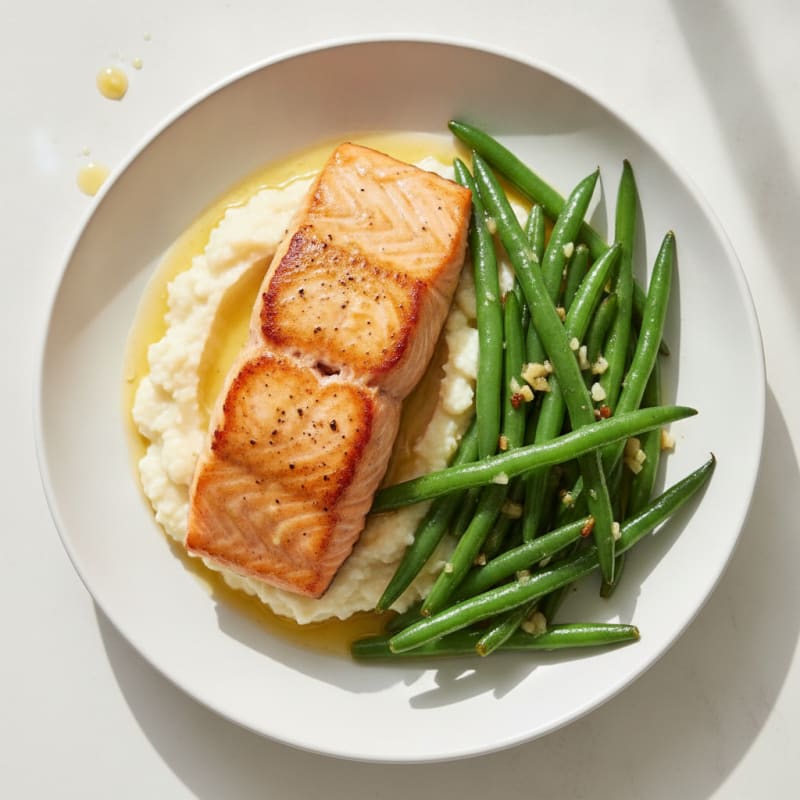 Seared Salmon with Garlic Green Beans and Cauliflower Mash