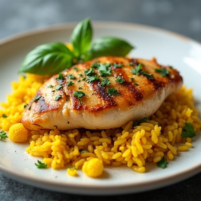Herb-Garlic Pan Seared Chicken with Turmeric Rice