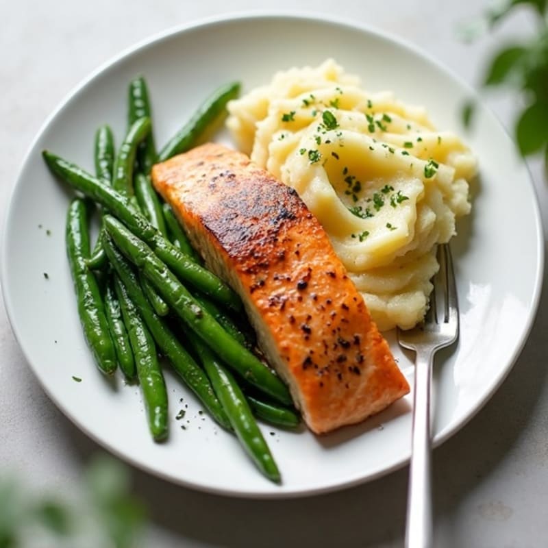 Seared Salmon with Steamed Green Beans and Garlic Mashed Potatoes