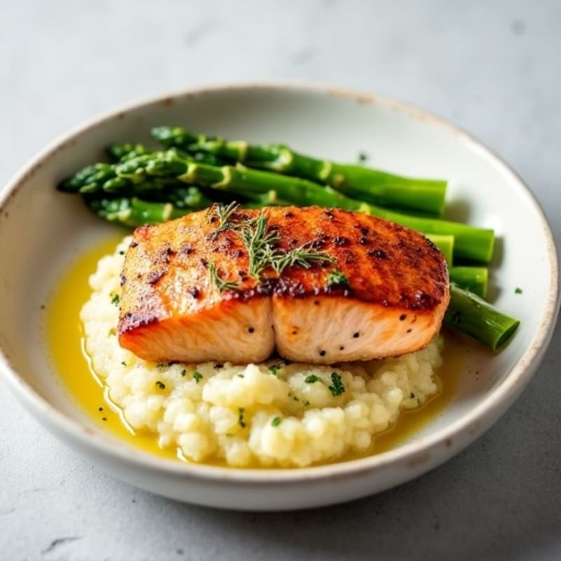 Seared Salmon with Steamed Asparagus and Cauliflower Mash