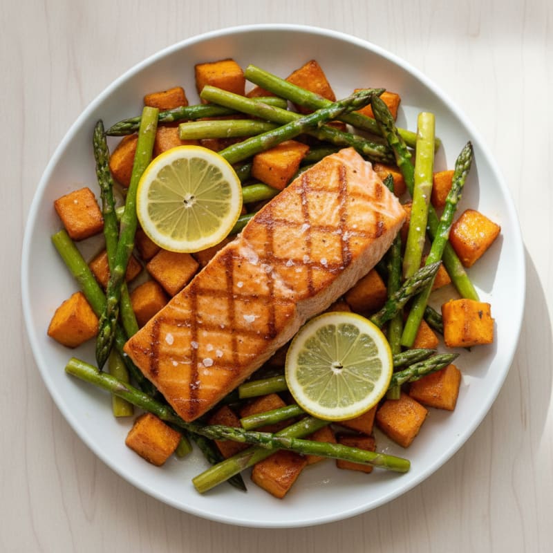 Seared Salmon with Roasted Sweet Potatoes and Asparagus