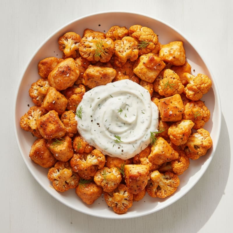 Buffalo Cauliflower and Chicken Bites with Ranch Dip