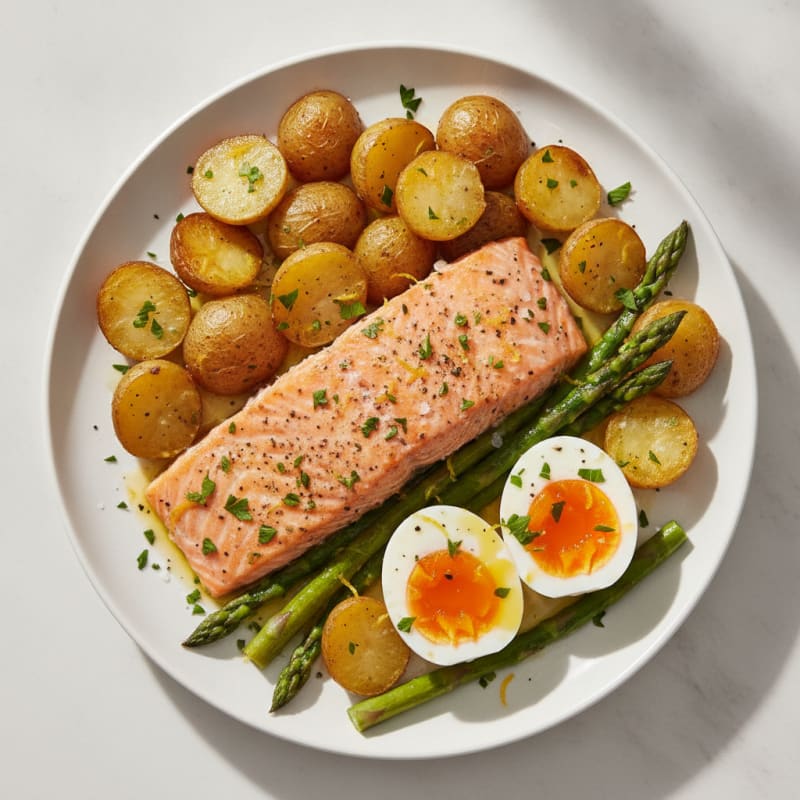 Sheet Pan Lemon Herb Salmon and Potatoes with Jammy Eggs
