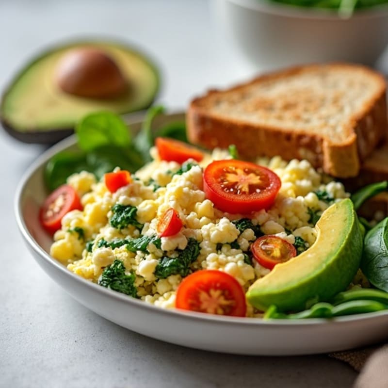 Cottage Cheese Egg White Scramble with Spinach and Cherry Tomatoes