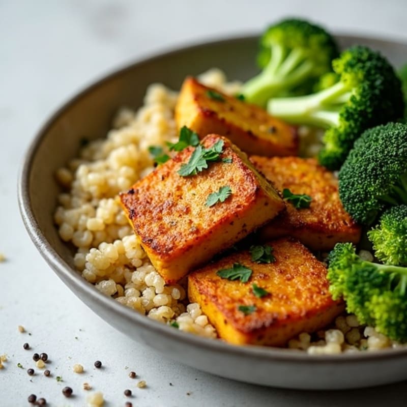 Crispy Baked Tofu with Roasted Broccoli and Quinoa