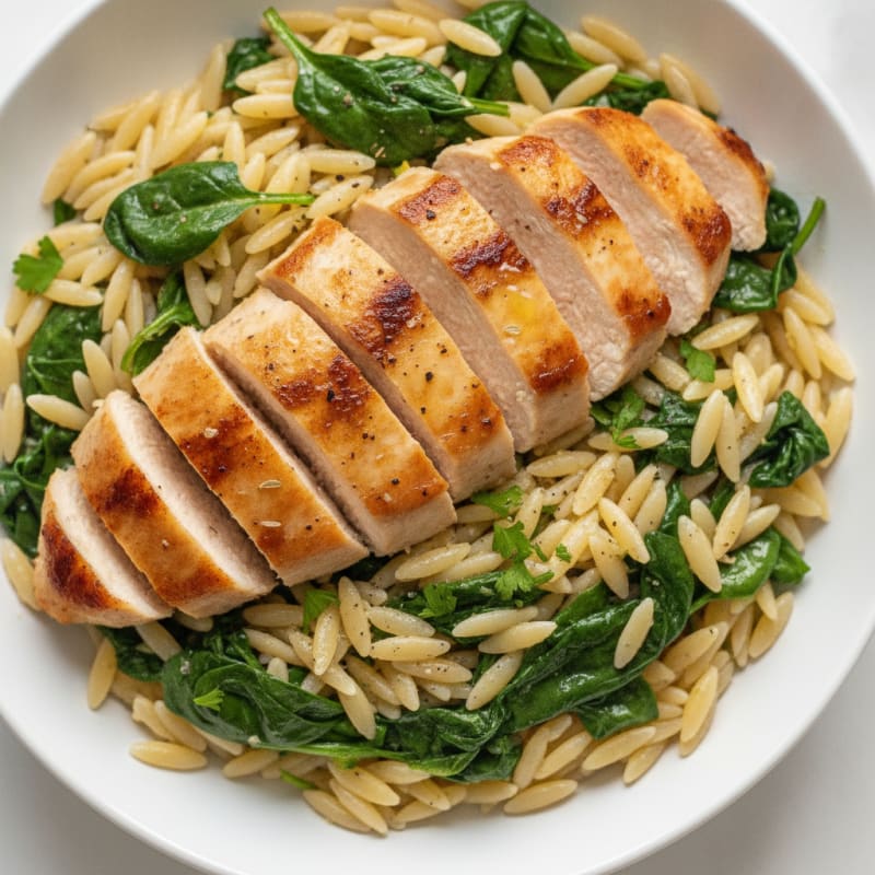 Lemon Herb Orzo with Sautéed Spinach and Pan-Seared Chicken