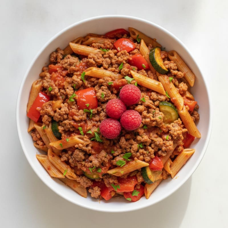 Lean Beef and Brown Rice Pasta Bowl with Roasted Peppers
