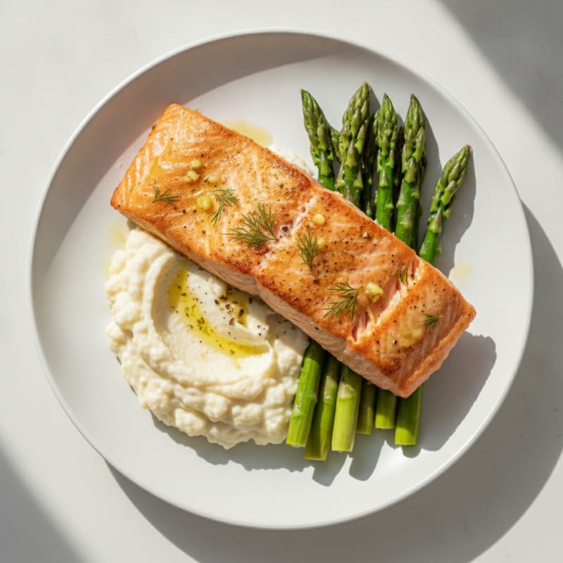 Seared Salmon with Steamed Asparagus and Cauliflower Mash