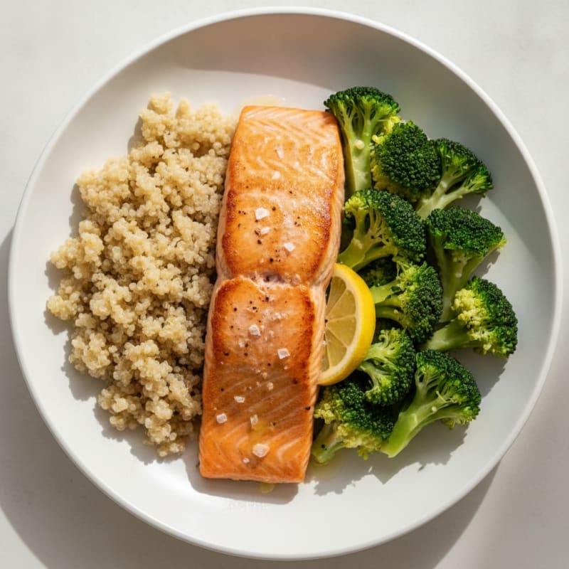 Seared Salmon with Steamed Broccoli and Quinoa