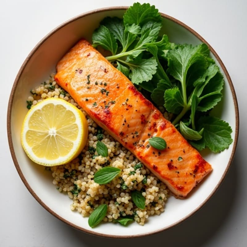 Flaky Roasted Salmon with Lemon-Herb Quinoa and Fresh Greens Bowl