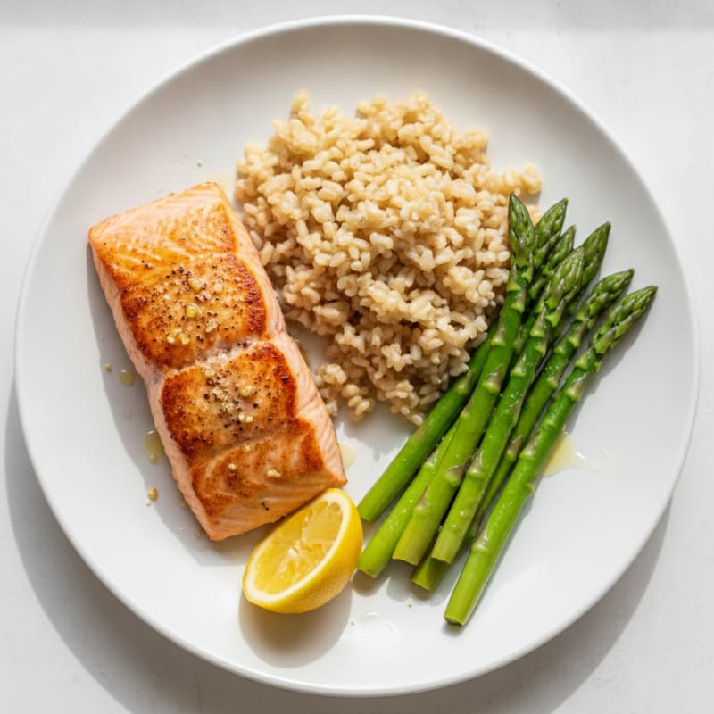 Seared Salmon with Steamed Asparagus and Brown Rice