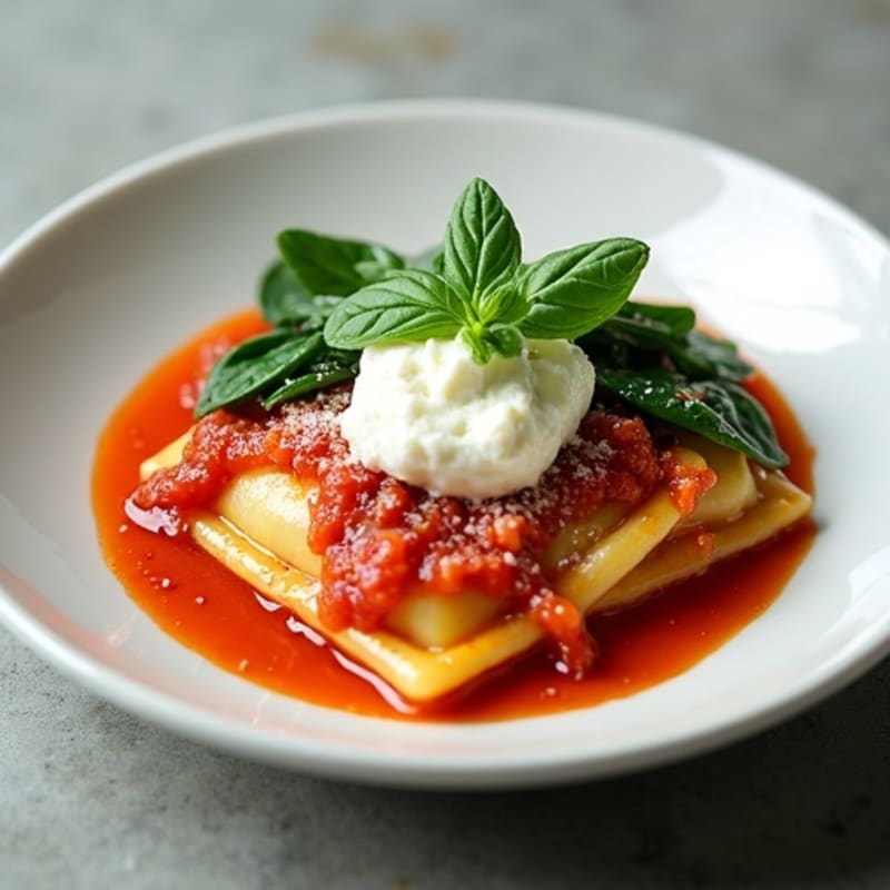 Spinach Ricotta Ravioli with Fresh Tomato Basil Sauce and Sautéed Greens